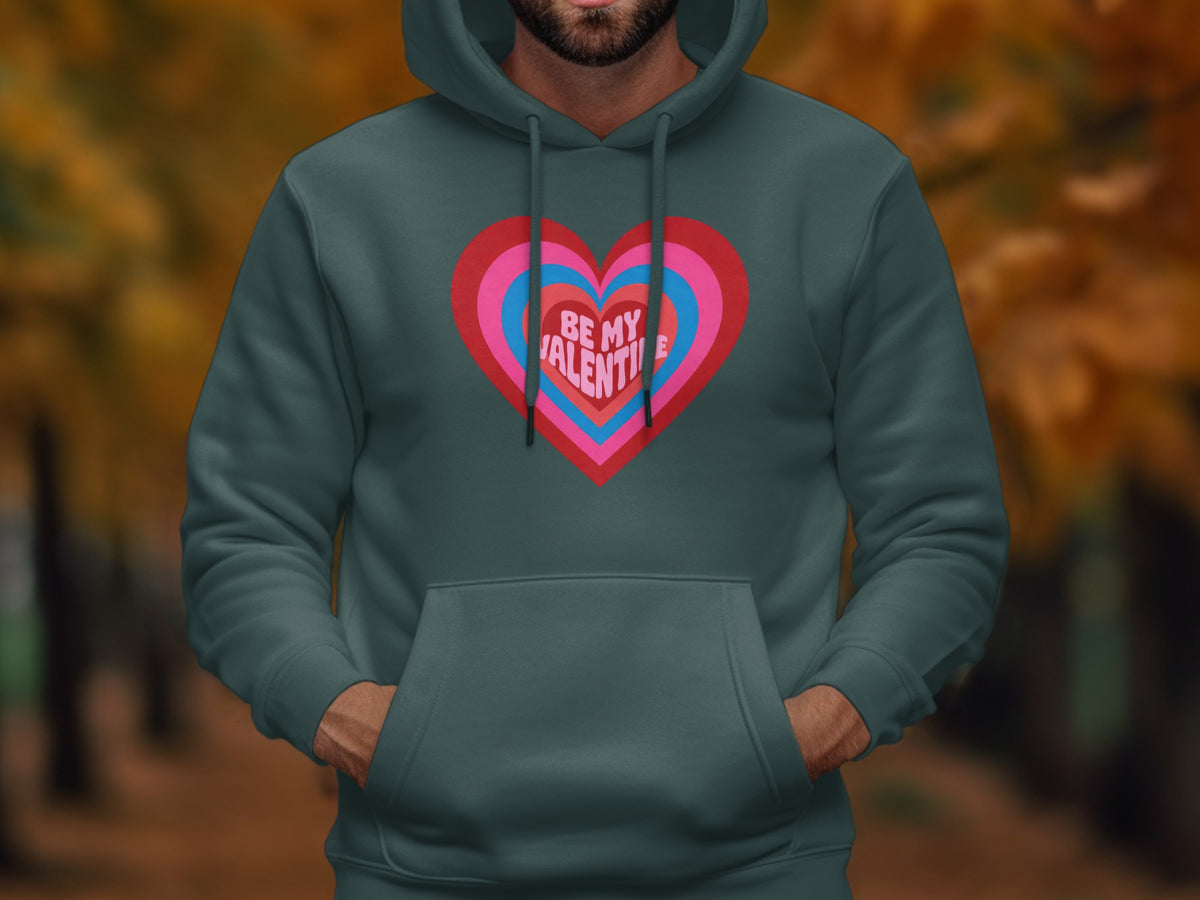 Green hoodie with colorful heart graphic and "Be My Valentine" text.