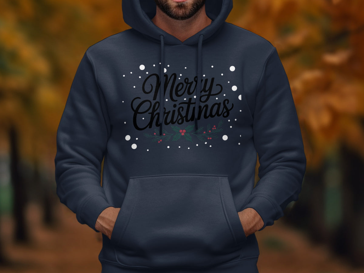 Navy hoodie with "Merry Christinas" text and holly graphic.