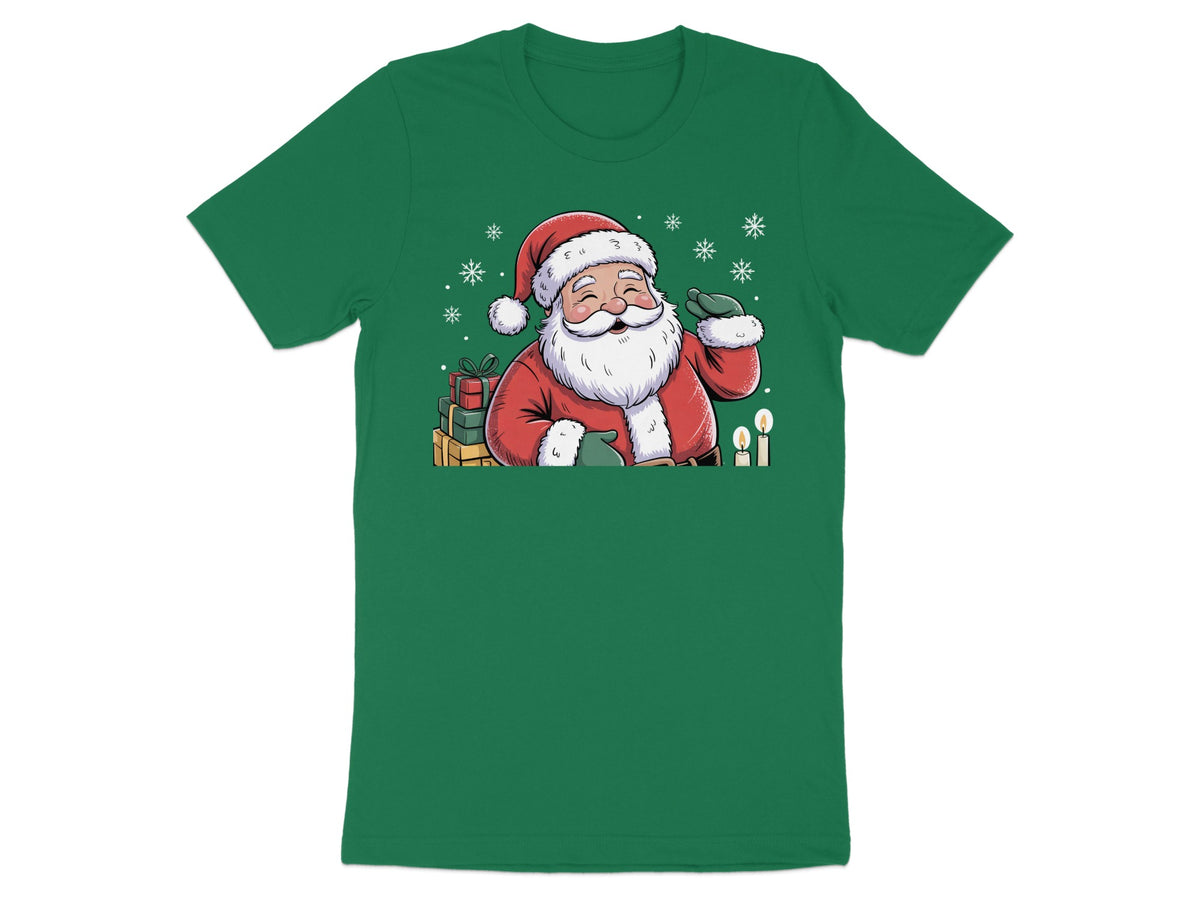 Santa Claus waving with gifts and candles on a green t-shirt.
