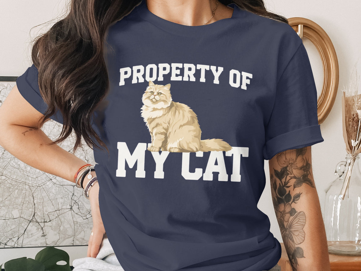 Navy t-shirt with white text "PROPERTY OF MY CAT" and a cat illustration.