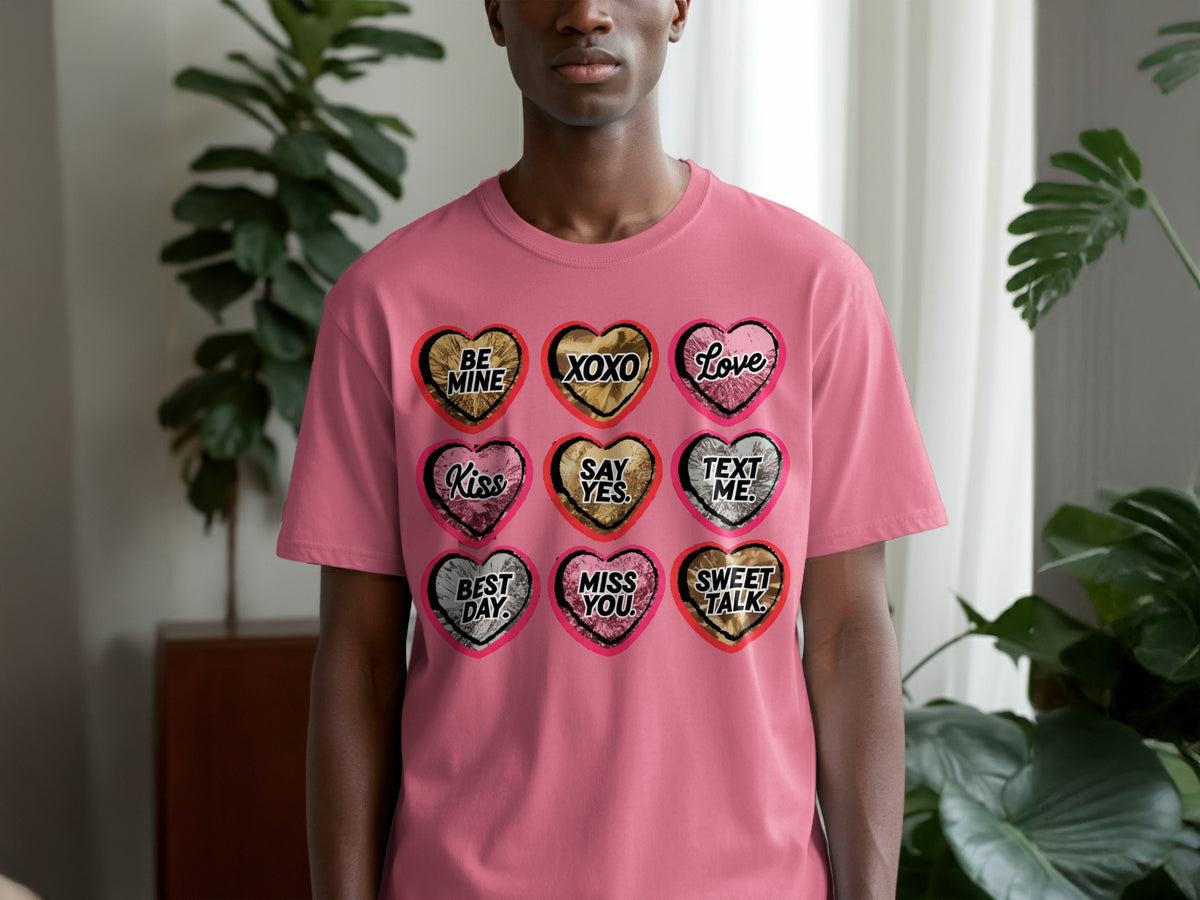 Pink t-shirt with nine conversation hearts featuring messages like "Be Mine" and "Love."