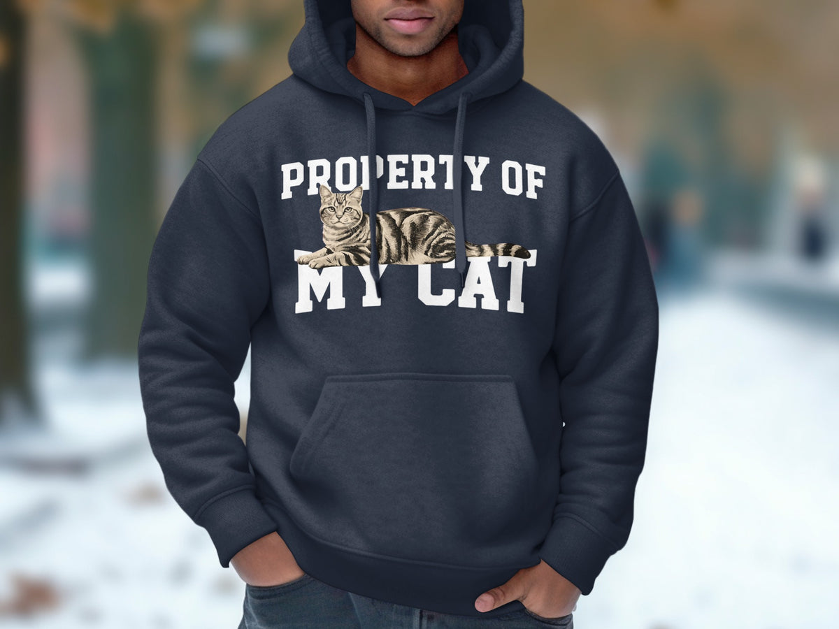 Dark hoodie with "PROPERTY OF MY CAT" text and a cat illustration.
