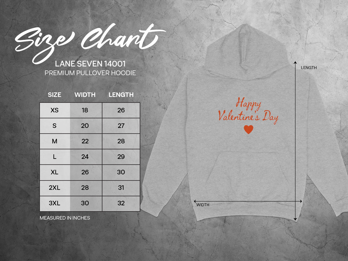 Lane Seven 14001 premium pullover hoodie size chart with width and length measurements.