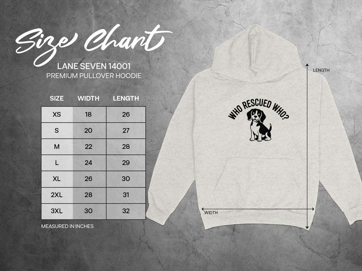 Size chart for Lane Seven 14001 premium pullover hoodie with dog graphic.