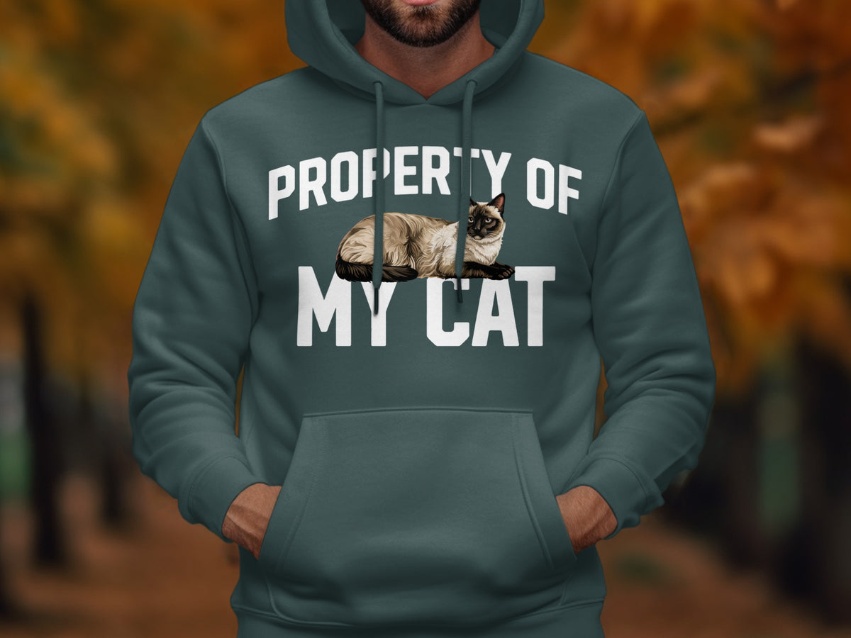 Green hoodie with "Property of My Cat" text and Siamese cat illustration.