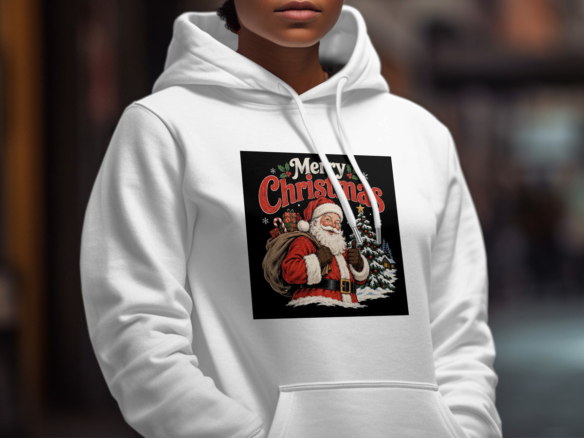 A person wearing a white hooded sweatshirt with a graphic of Santa Claus and the text Merry Christmas.