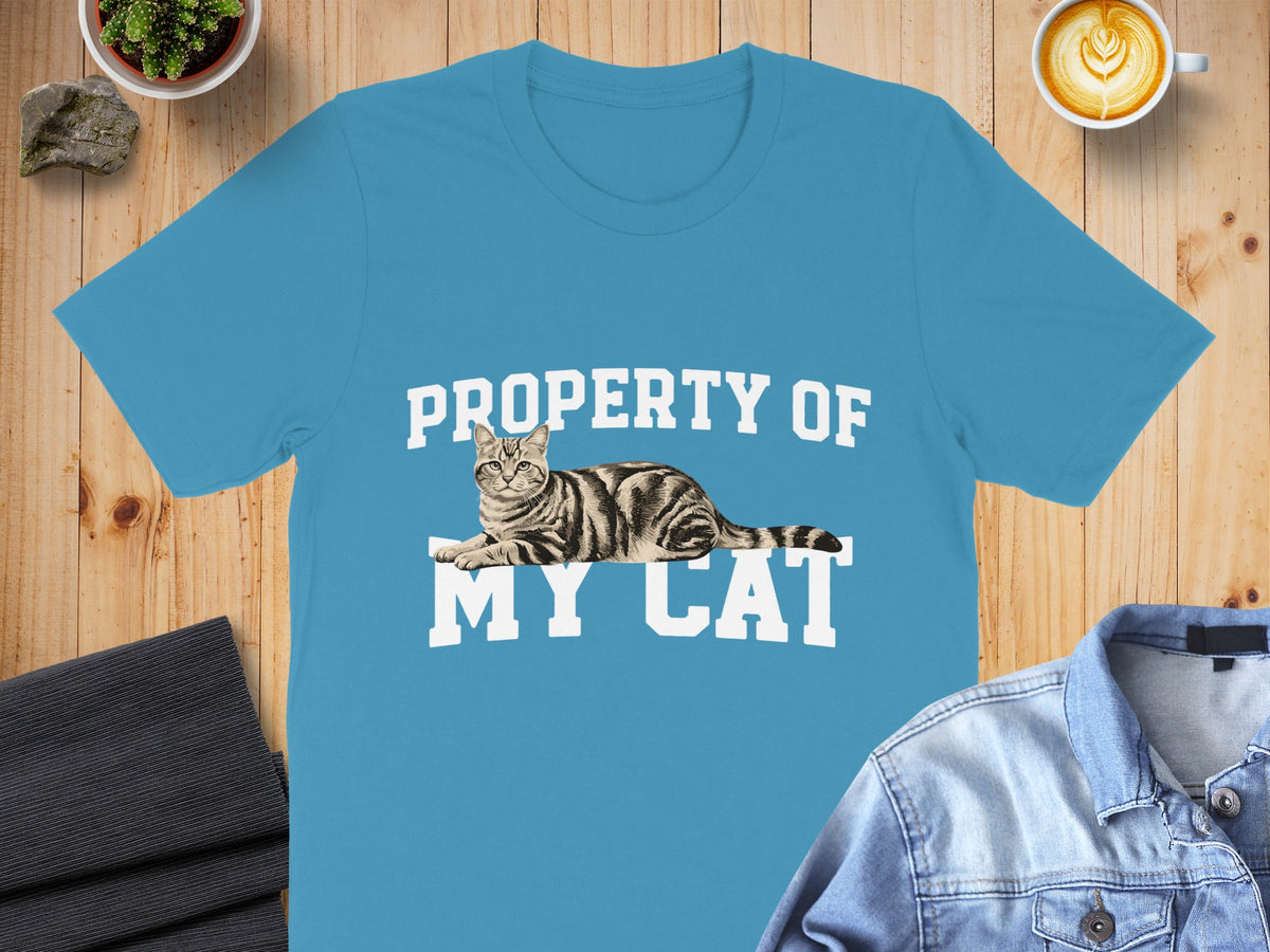 Blue t-shirt with "PROPERTY OF MY CAT" and a tabby cat illustration.