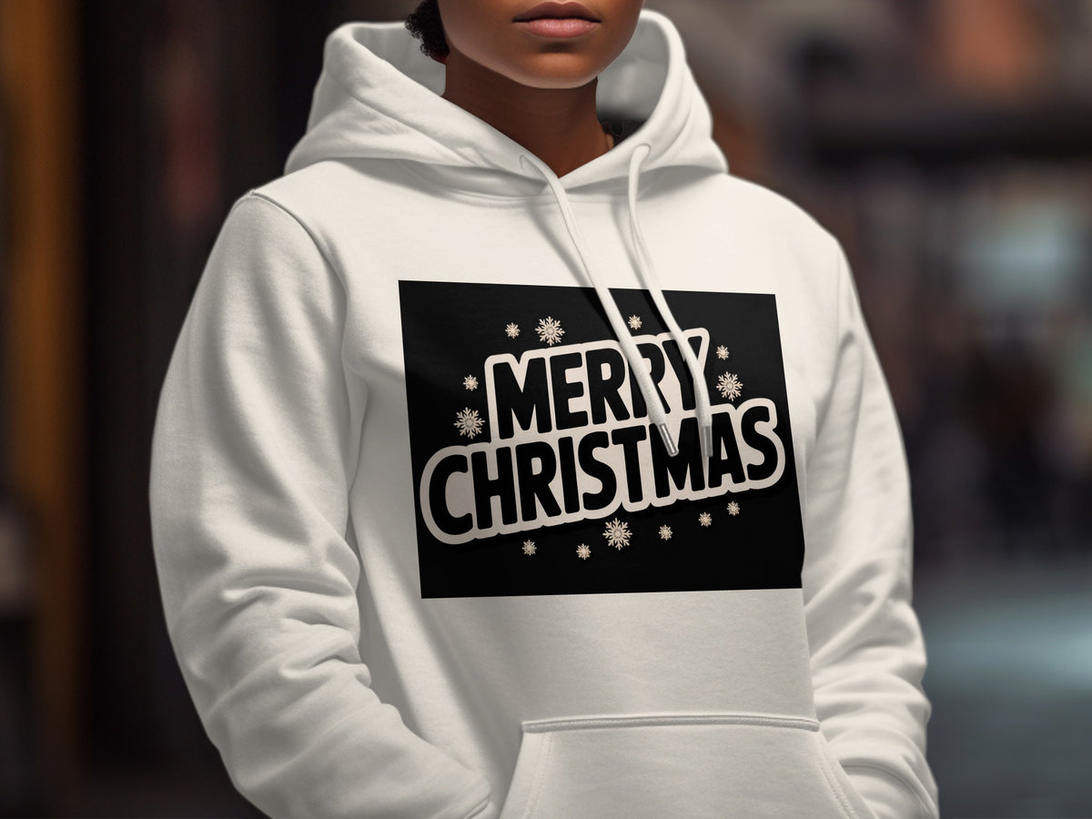 White hoodie with "Merry Christmas" text and snowflake design.