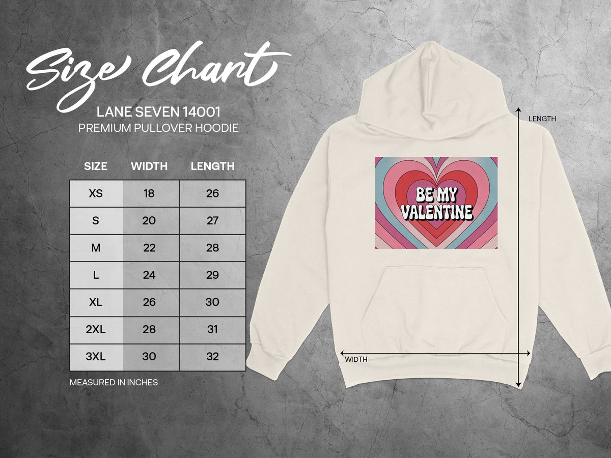 Size chart for Lane Seven 14001 premium pullover hoodie with dimensions.