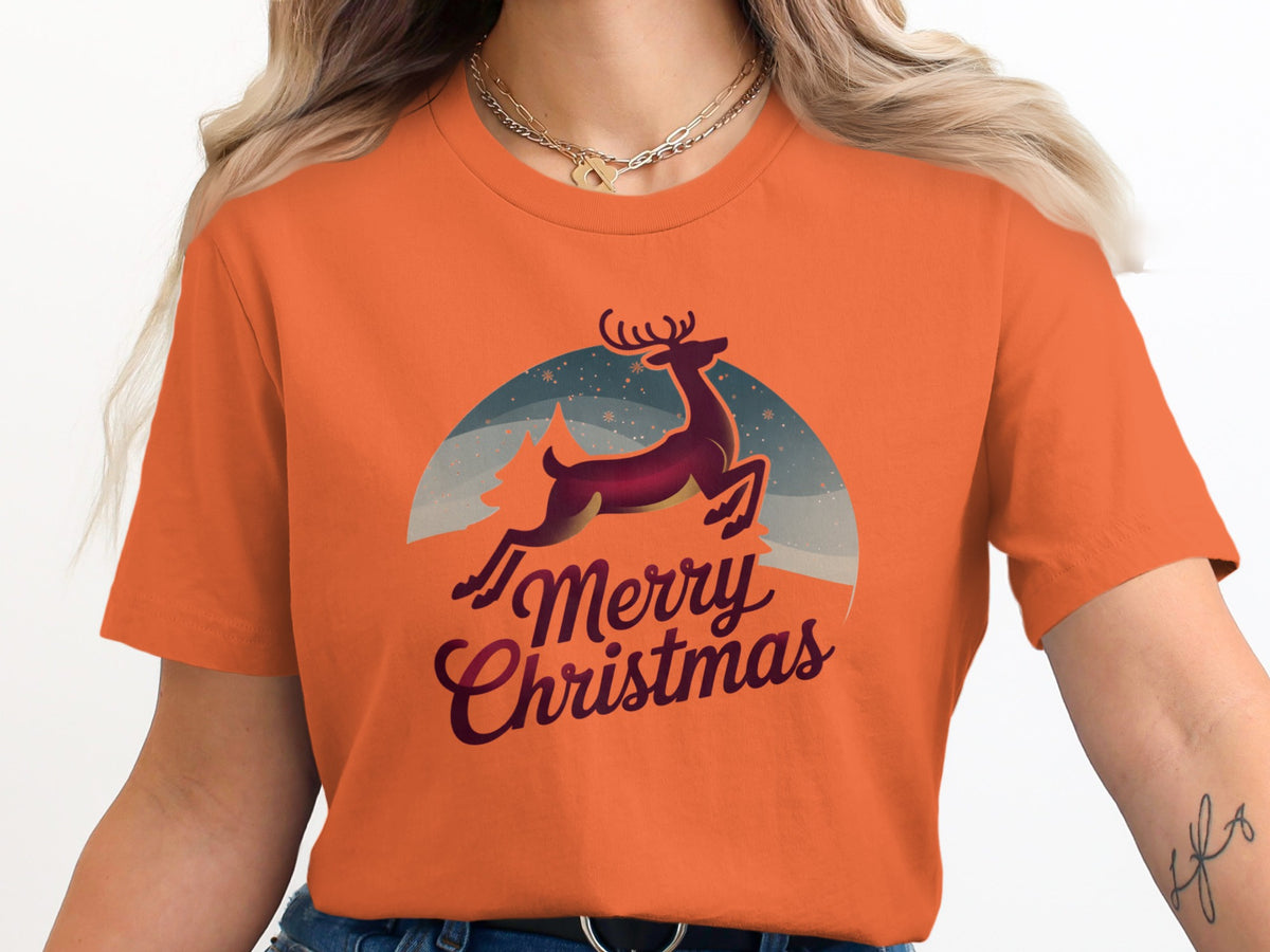 Orange t-shirt with jumping reindeer graphic and "Merry Christmas" text.