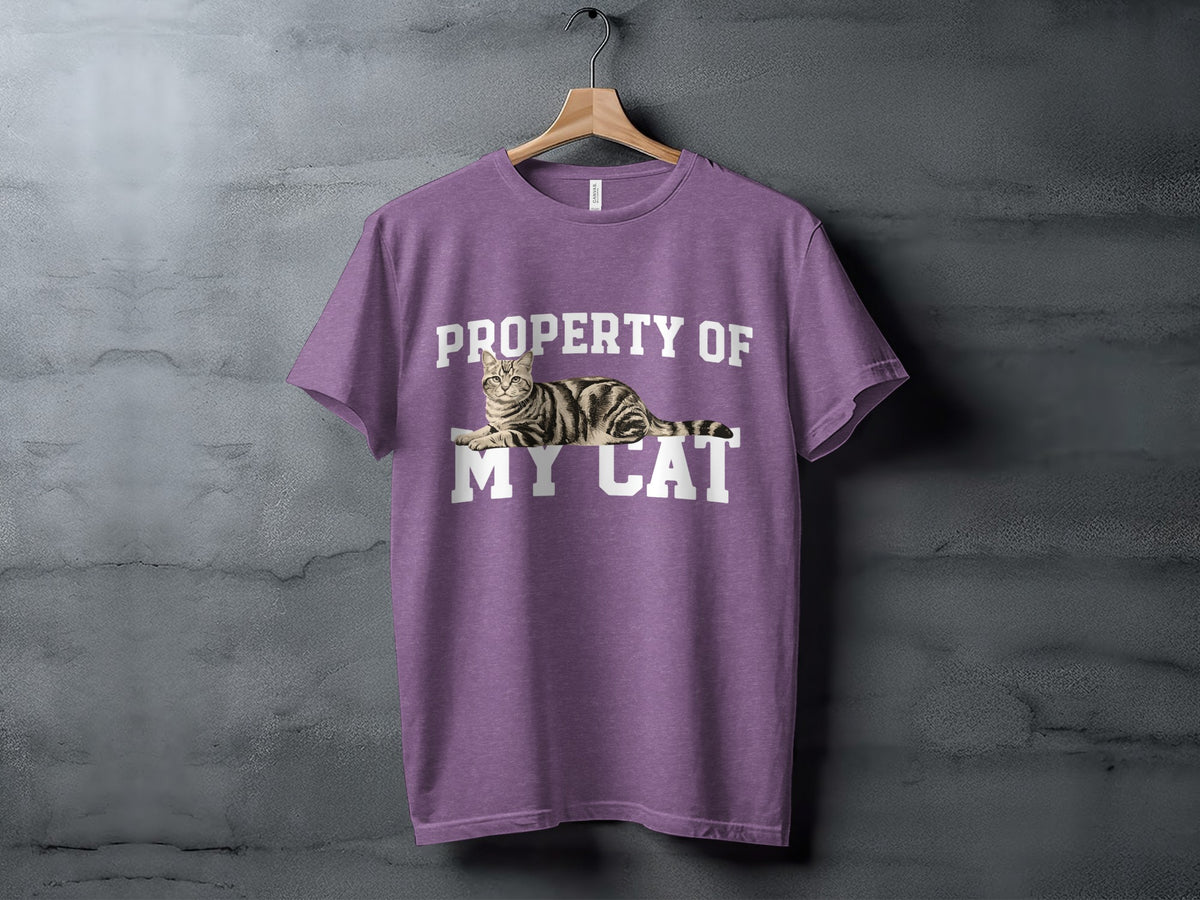 Purple t-shirt with a tabby cat and "PROPERTY OF MY CAT" text.