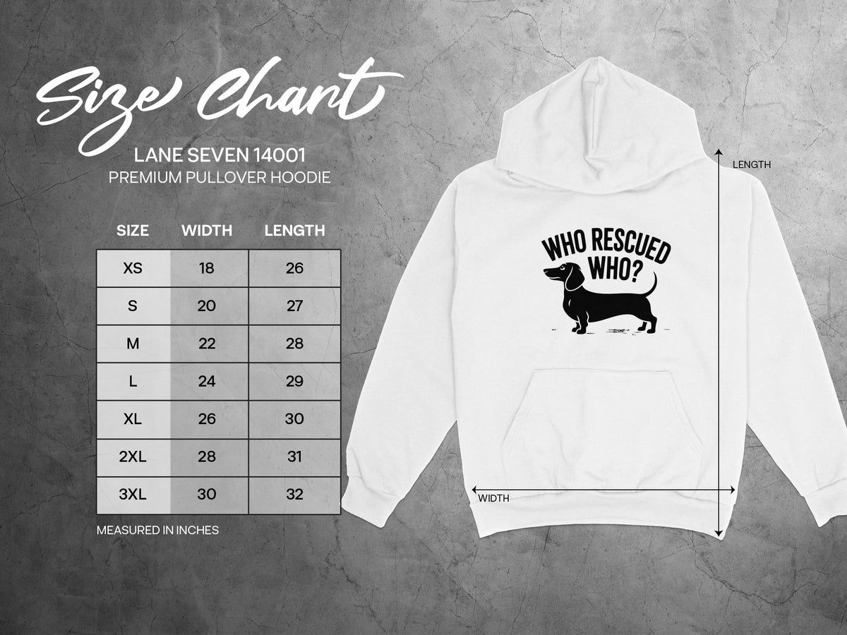 Size chart for Lane Seven 14001 premium pullover hoodie with dachshund graphic.
