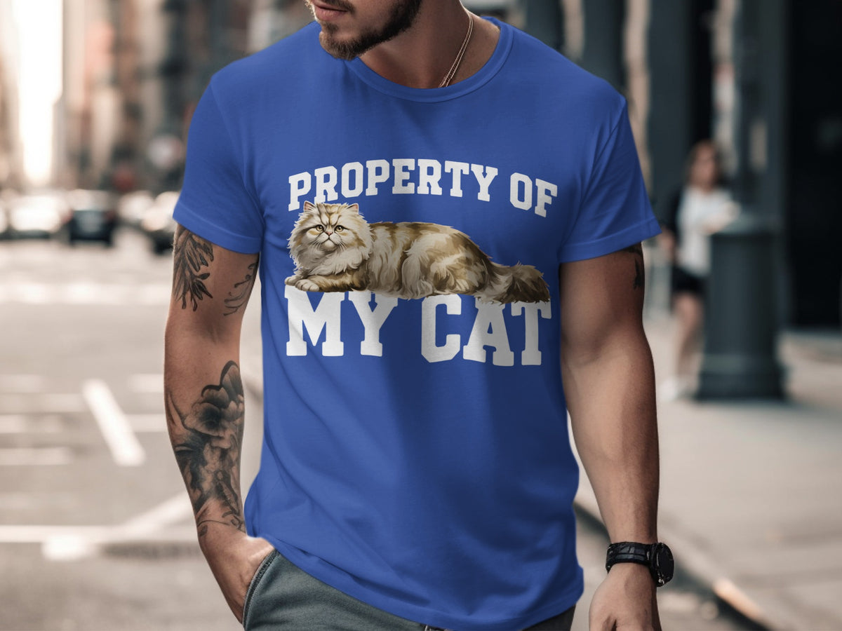 Blue t-shirt with "PROPERTY OF MY CAT" and a fluffy cat graphic.