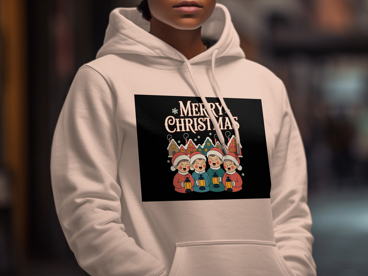 White hoodie with "Merry Christmas" text and carolers with lanterns.