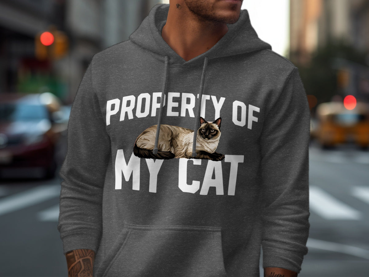 Dark grey hoodie with "Property of My Cat" text and cat illustration.