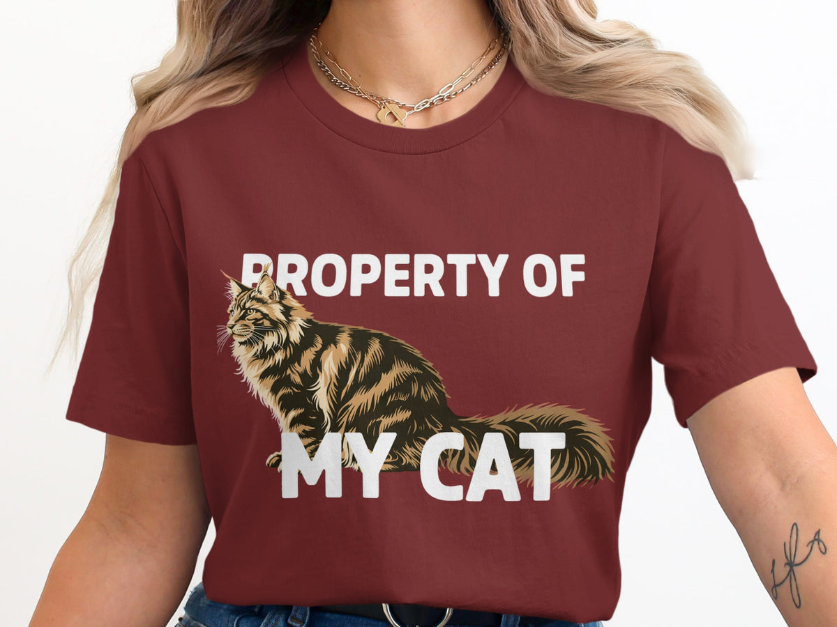 Maroon t-shirt with "PROPERTY OF MY CAT" text and cat graphic.