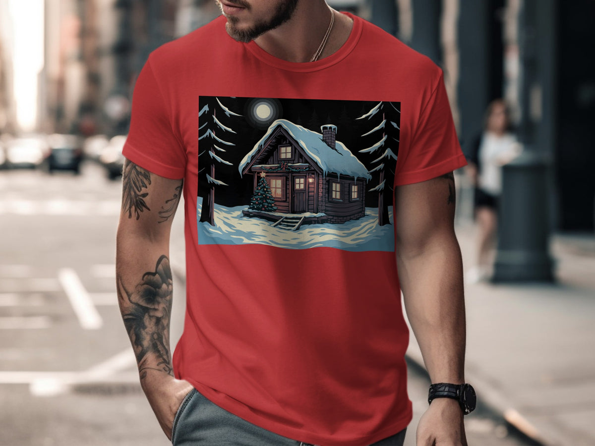 T-shirt with a graphic of a snow-covered cabin, Christmas tree, and pine trees under moonlight.