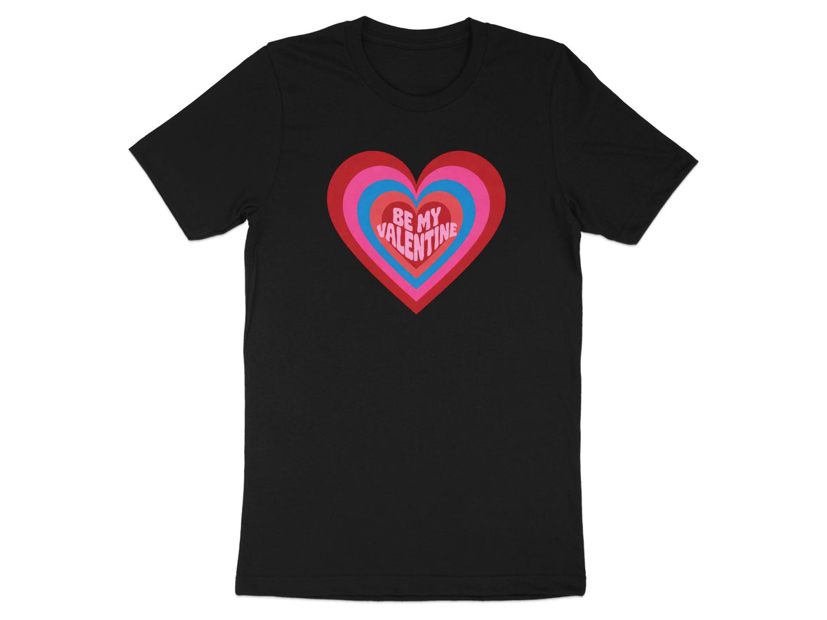 Black t-shirt with nested hearts graphic that reads "Be My Valentine".