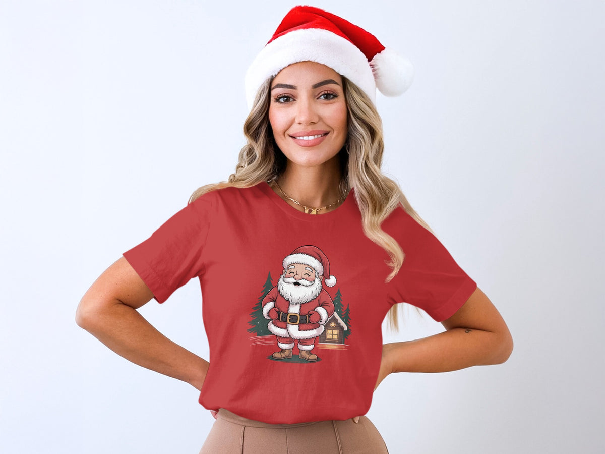 Red t-shirt with a cartoon Santa Claus and house graphic.