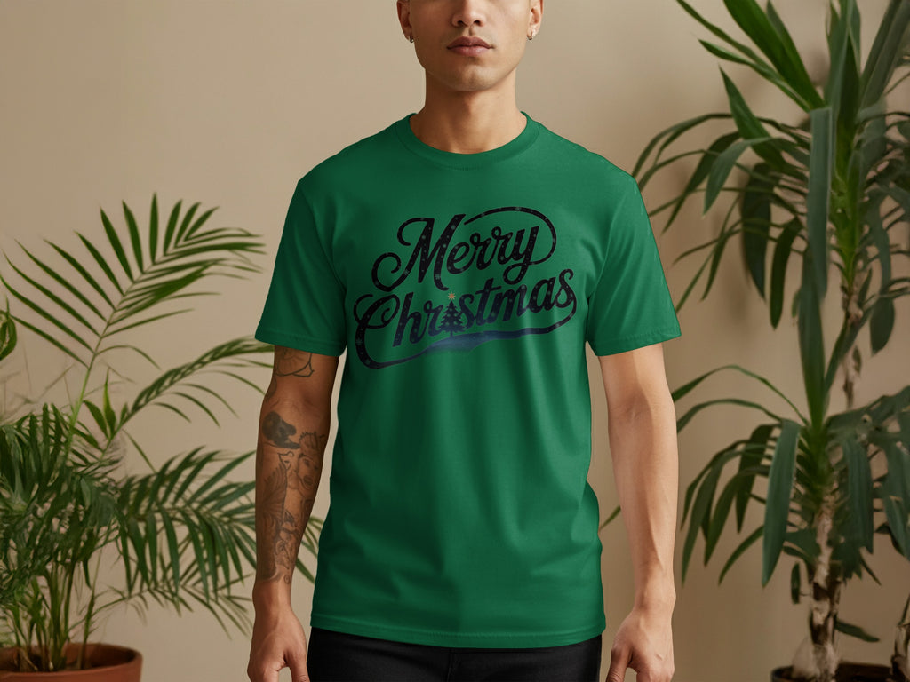 Green t-shirt with "Merry Christmas" text and a Christmas tree design.