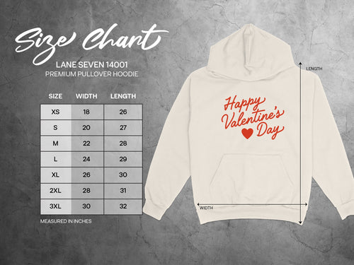 Size chart for Lane Seven 14001 premium pullover hoodie with size, width, and length measurements.