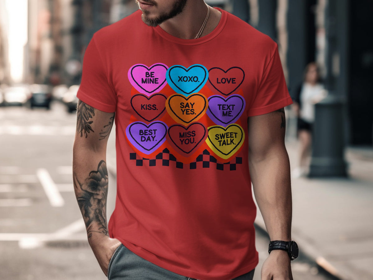 A person wearing a red t-shirt with a graphic of colorful candy hearts containing messages.