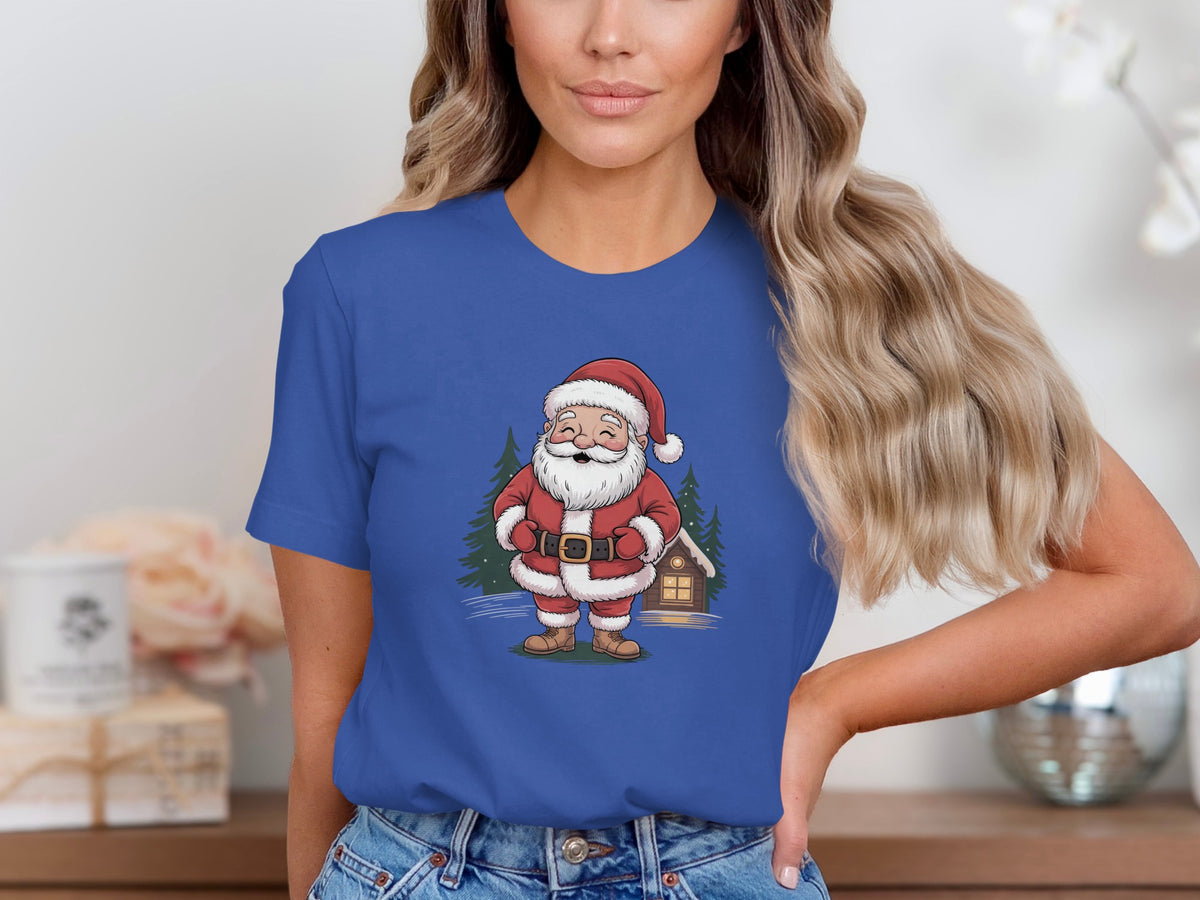 Blue t-shirt with a cartoon Santa Claus illustration and a cabin in the woods.