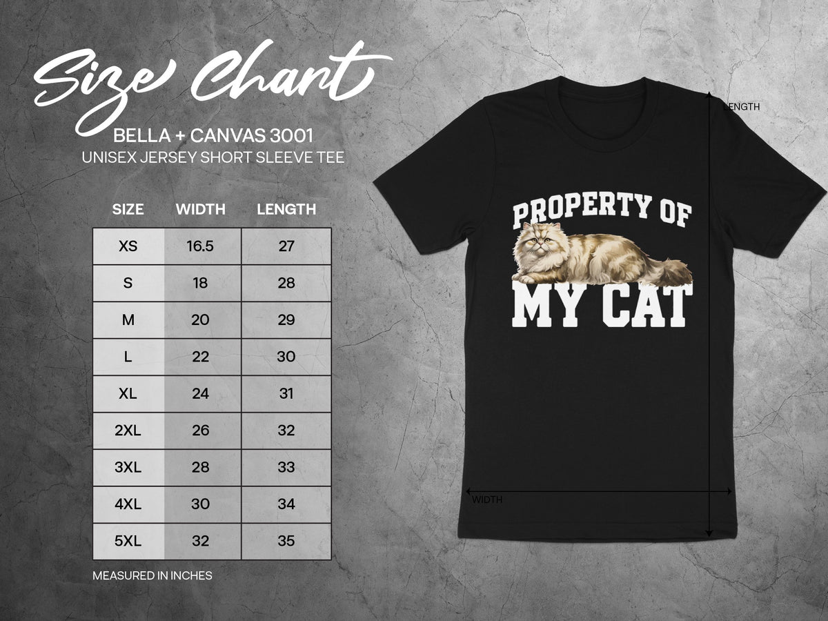 Size chart with shirt measurements and "Property of My Cat" graphic on black t-shirt.
