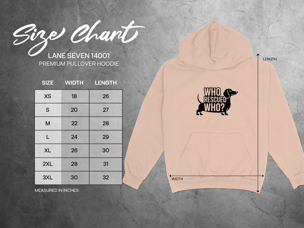 Lane Seven 14001 hoodie size chart with measurements for width and length.