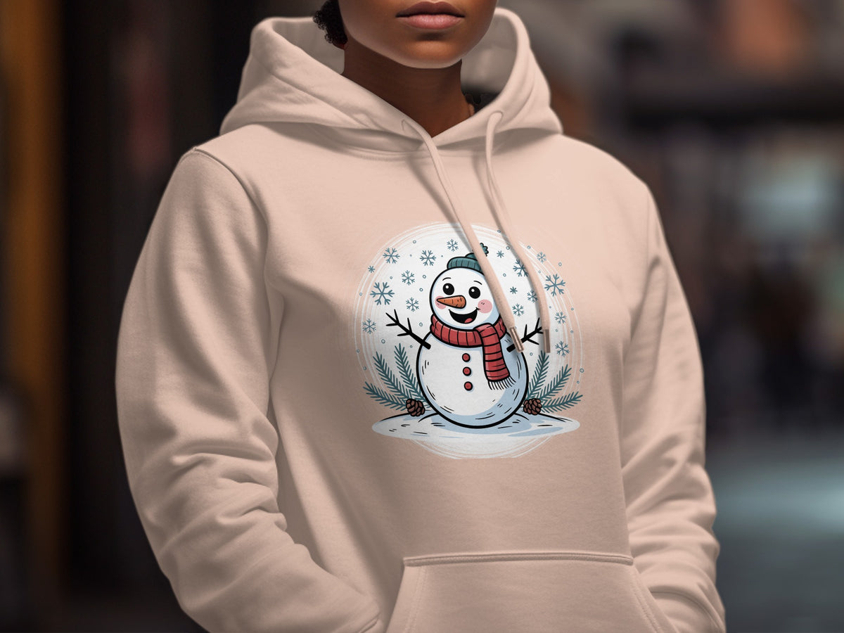 Light pink hoodie with a cartoon snowman graphic wearing a red scarf.