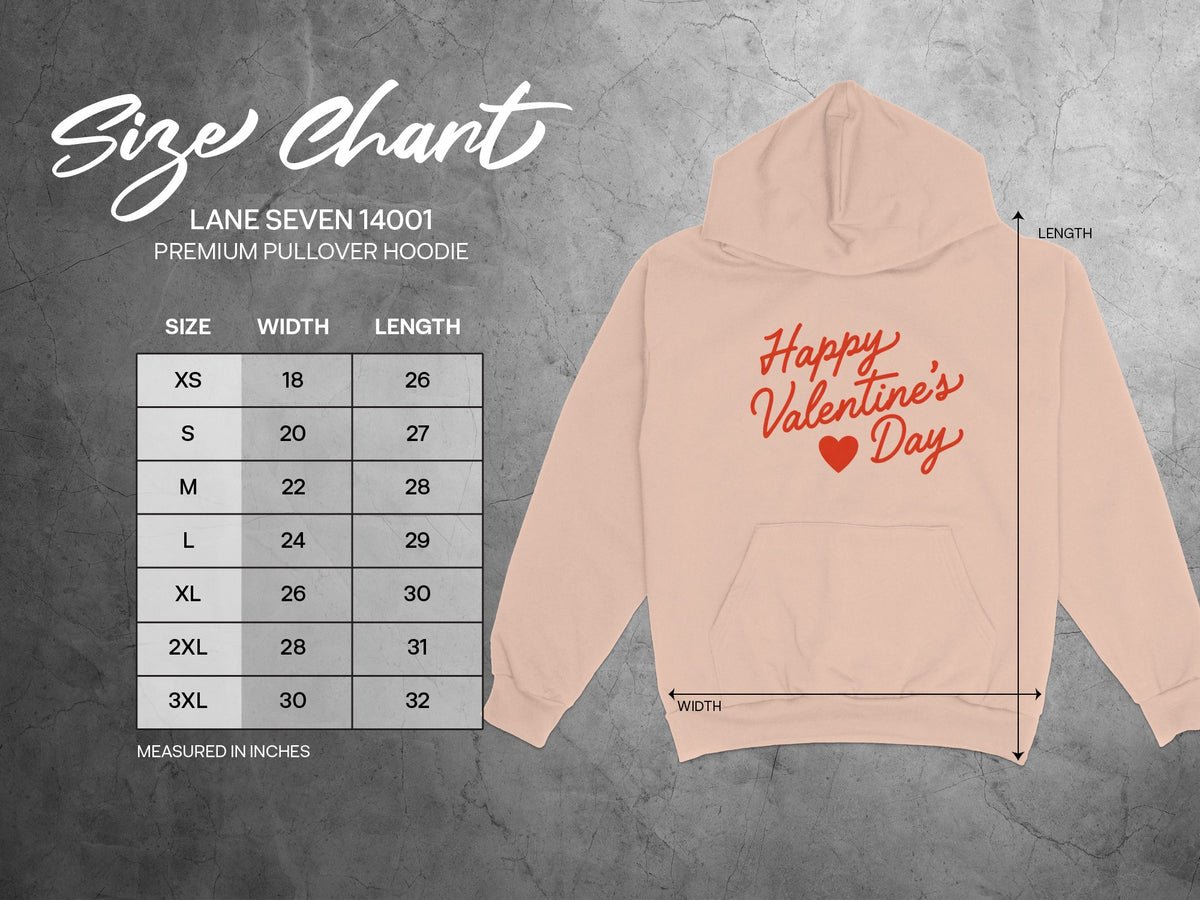 Lane Seven 14001 Premium Pullover Hoodie size chart with width and length measurements.