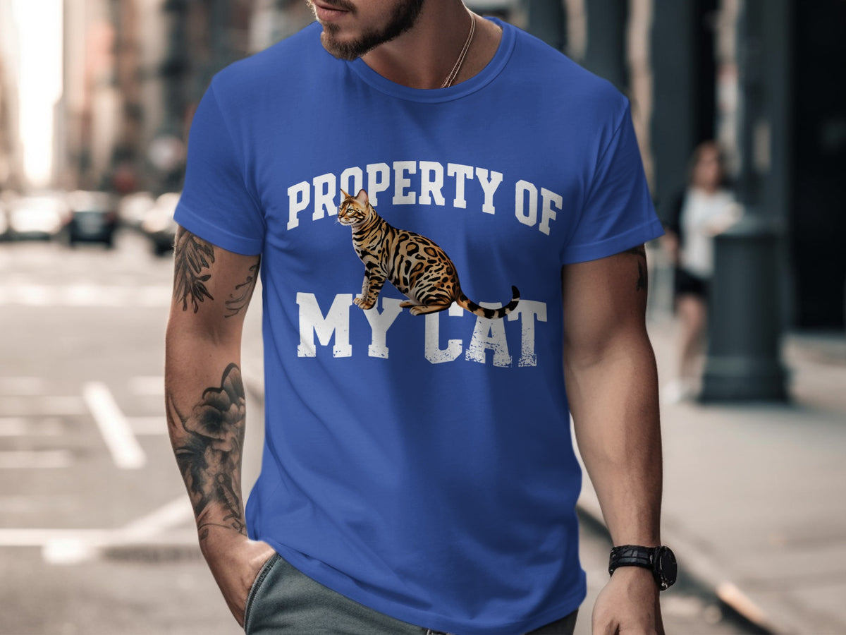 Blue t-shirt with "Property Of My Cat" text and a Bengal cat illustration.