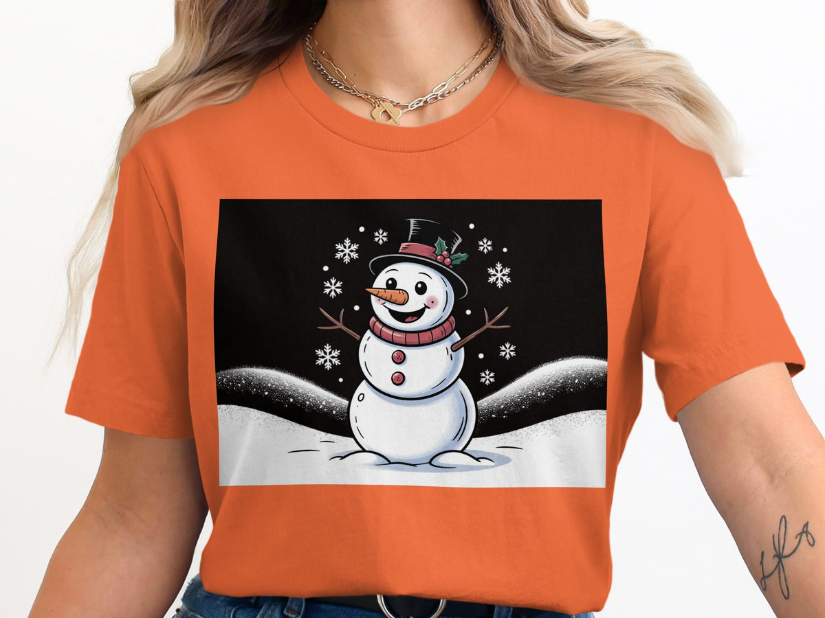 Snowman wearing a hat and scarf on a snowy background with snowflakes.