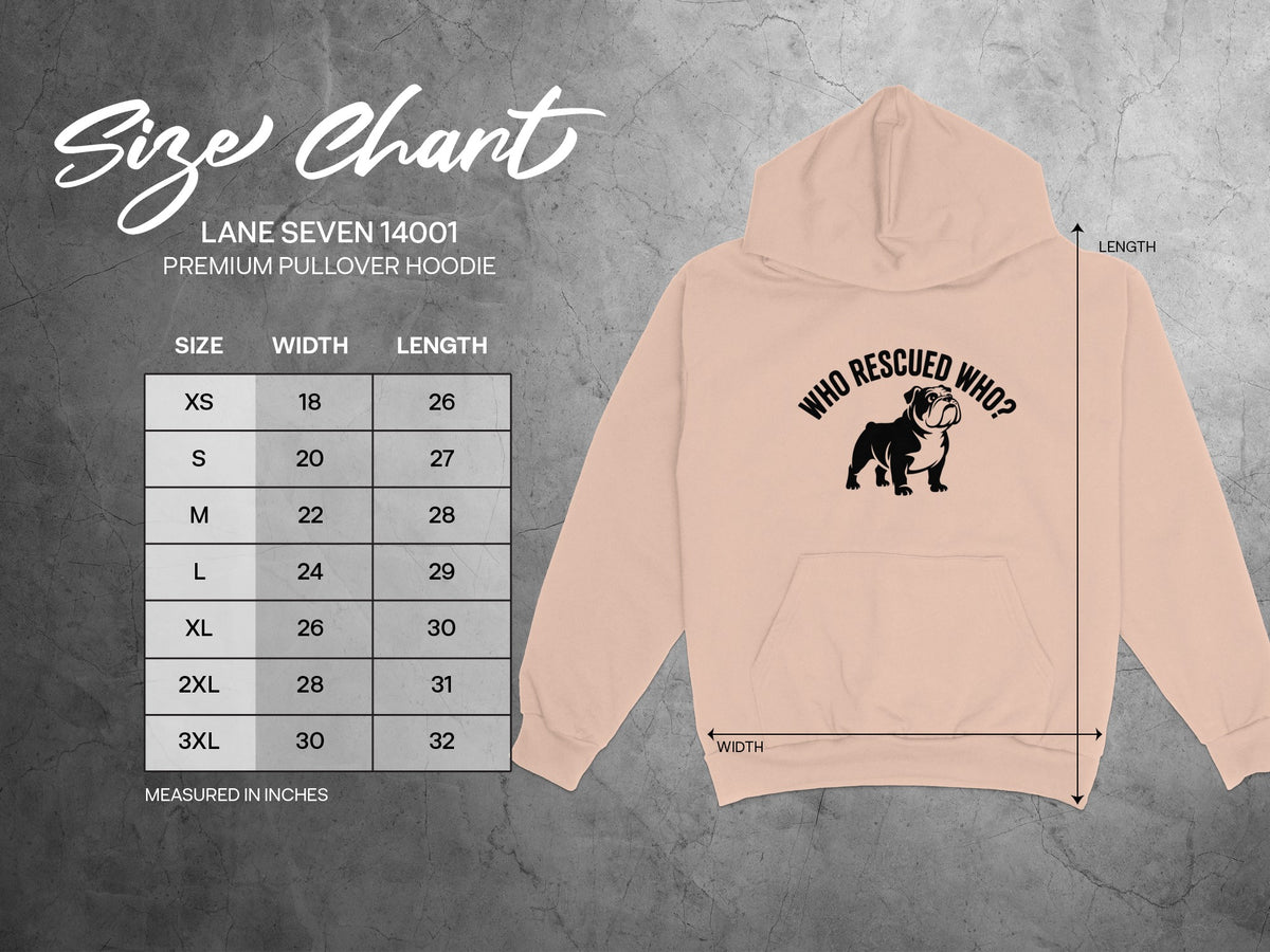 Size chart for Lane Seven 14001 Premium Pullover Hoodie with bulldog graphic.