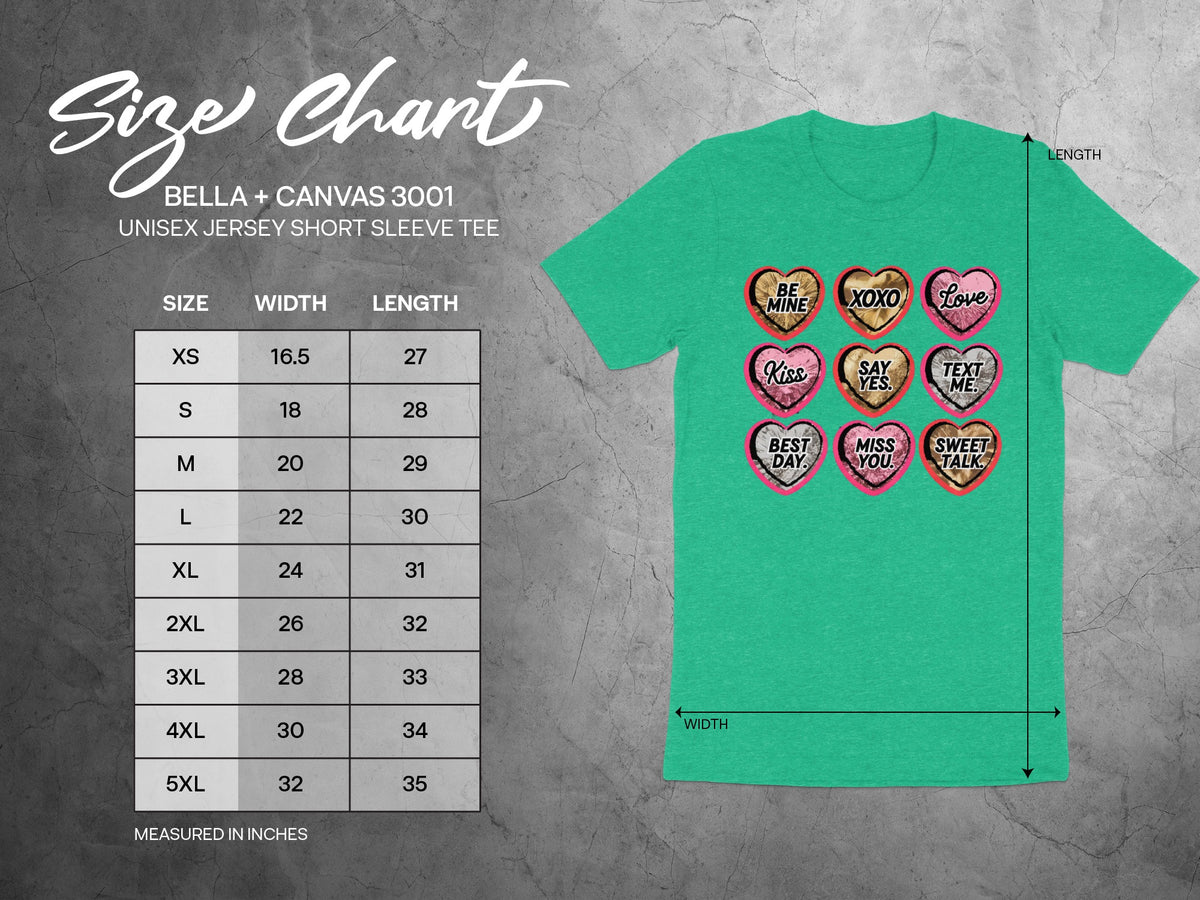 A size chart for Bella + Canvas 3001 t-shirts, displaying width and length measurements from XS to 5XL alongside a green graphic t-shirt.
