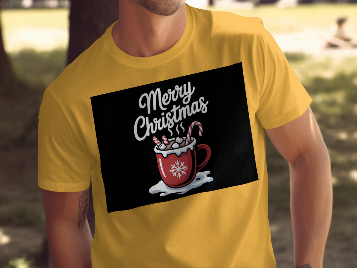 Yellow t-shirt with "Merry Christmas" and a mug of hot chocolate design.