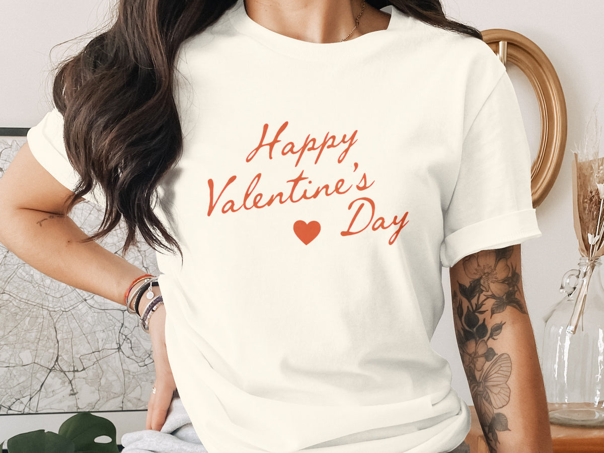 Cream t-shirt with "Happy Valentine's Day" text and a red heart.