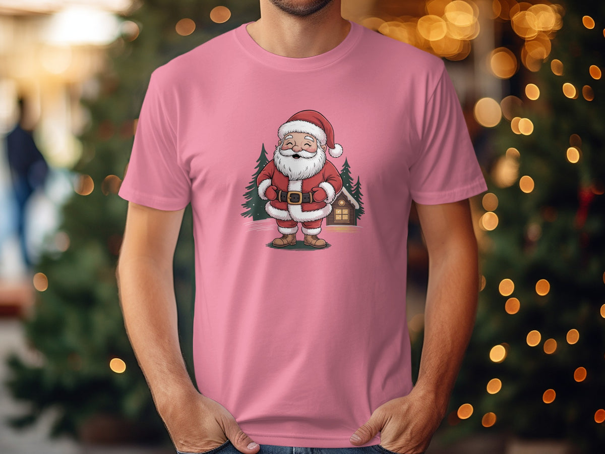 Pink t-shirt with cartoon Santa Claus, Christmas trees, and a small house graphic.