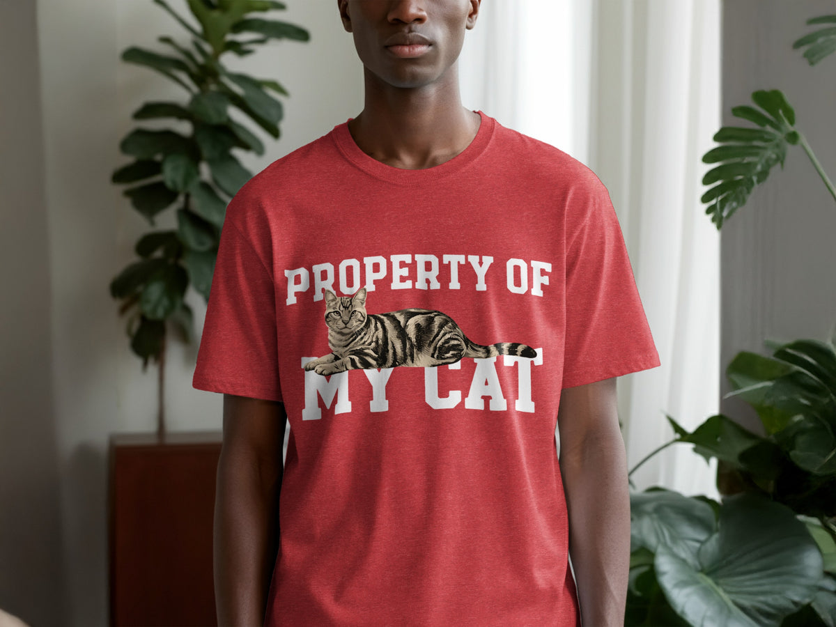 Red t-shirt with "Property Of My Cat" text and a tabby cat graphic.