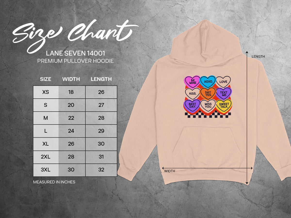 Lane Seven 14001 hoodie size chart with width and length measurements in inches.