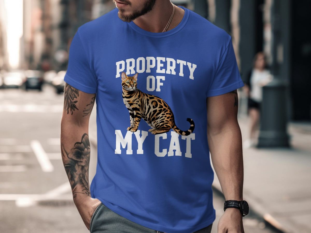 Blue t-shirt with "Property Of My Cat" text and a Bengal cat graphic.