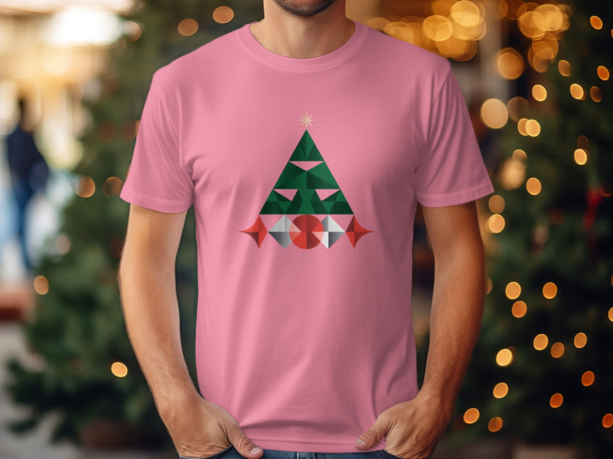 Pink t-shirt with a geometric Christmas tree graphic and star.
