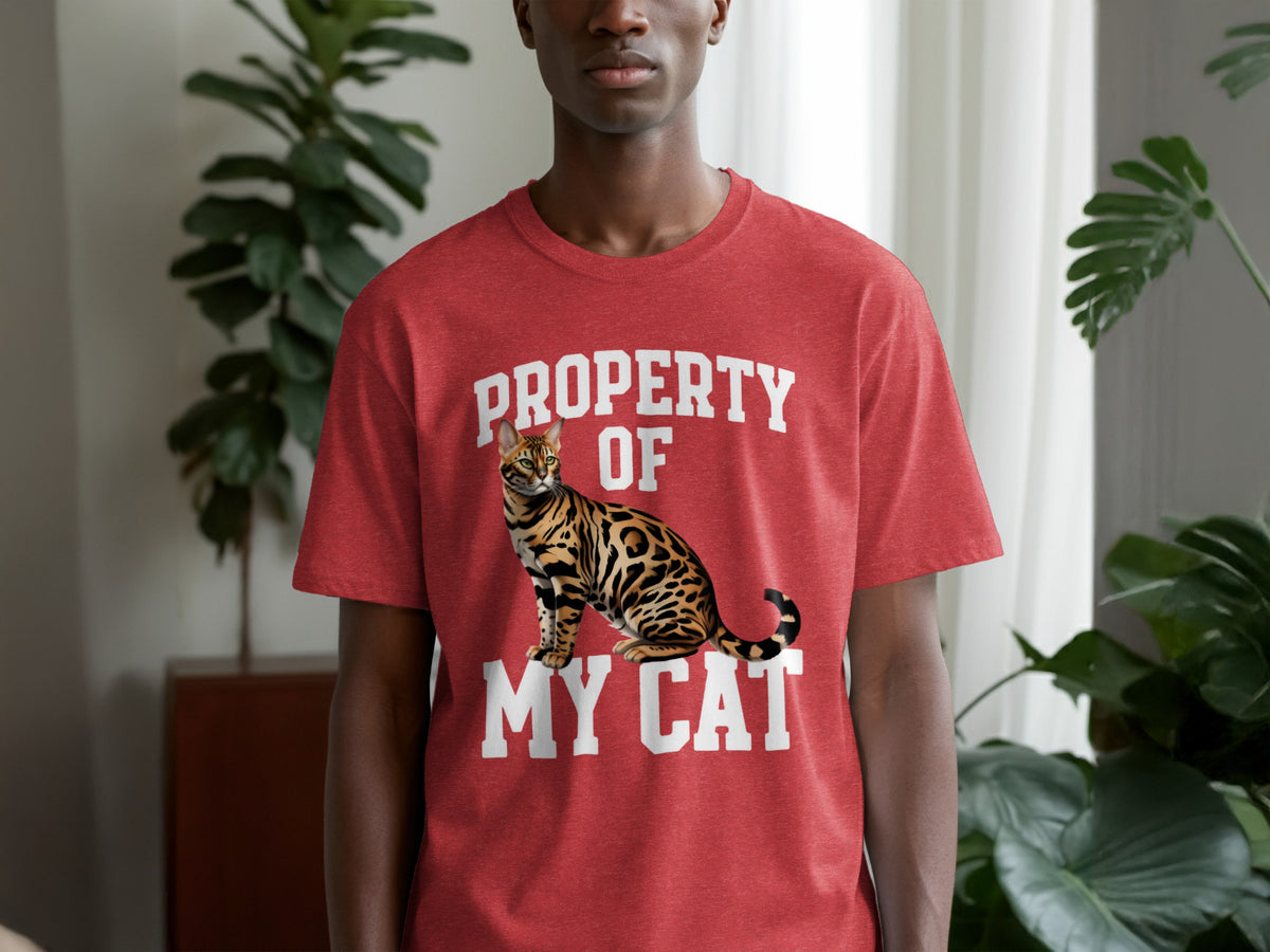 Red t-shirt with "PROPERTY OF MY CAT" and a Bengal cat graphic.