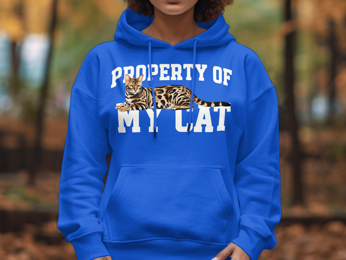 Blue hoodie with a Bengal cat and "Property of My Cat" text.