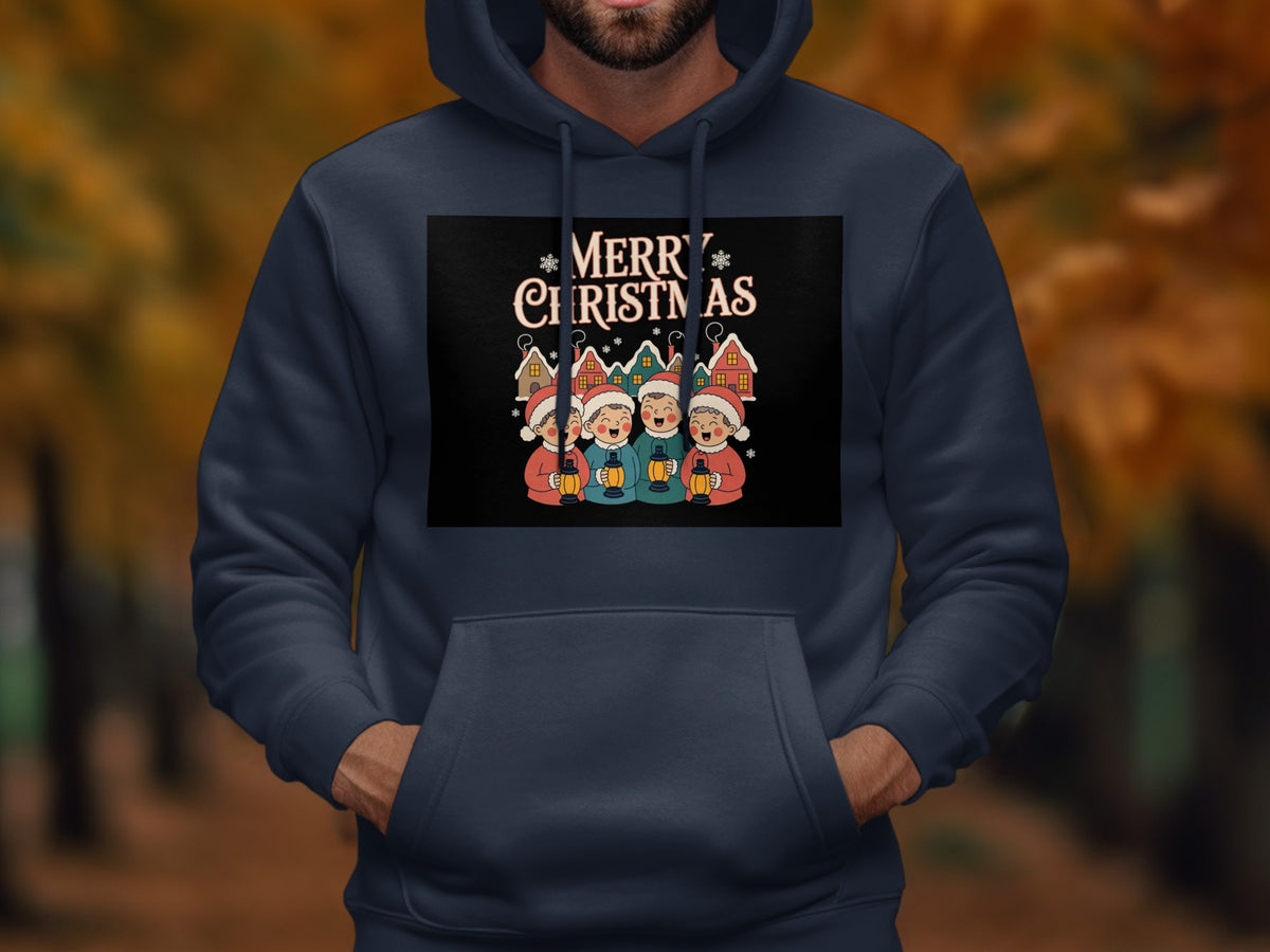 Dark hoodie with a "Merry Christmas" graphic featuring cartoon carolers.