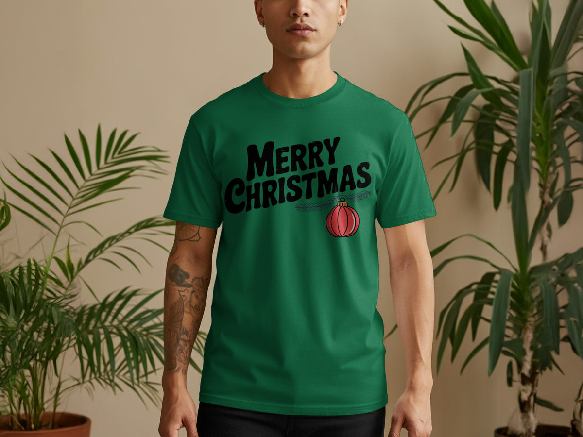 Green t-shirt with "Merry Christmas" and a red ornament graphic.