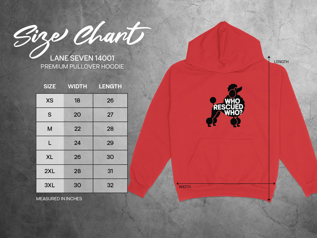 Red hoodie size chart with measurements in inches and poodle graphic.