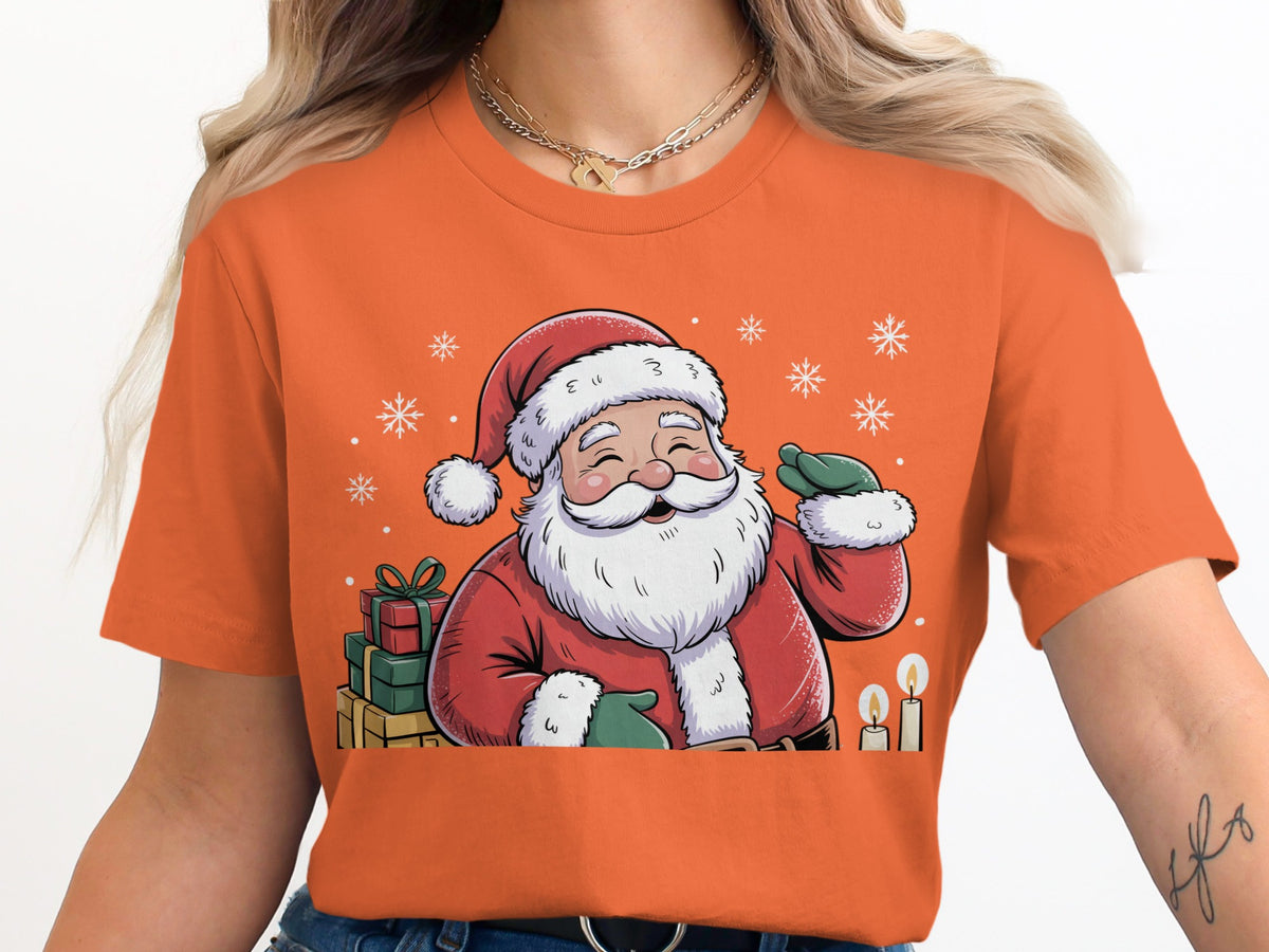 Orange t-shirt with a cartoon Santa Claus, gifts, snowflakes, and candles.