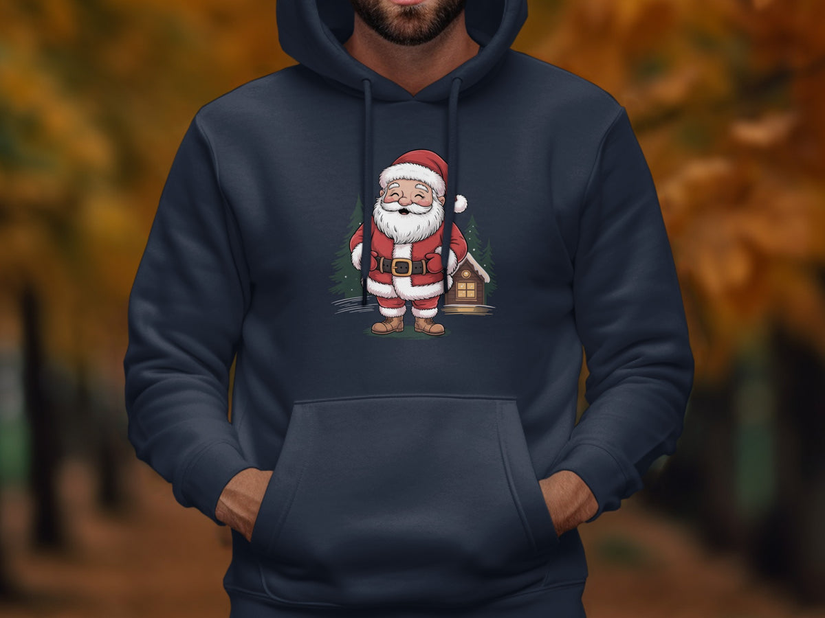 A man wearing a dark blue hoodie printed with a cartoon Santa Claus graphic.