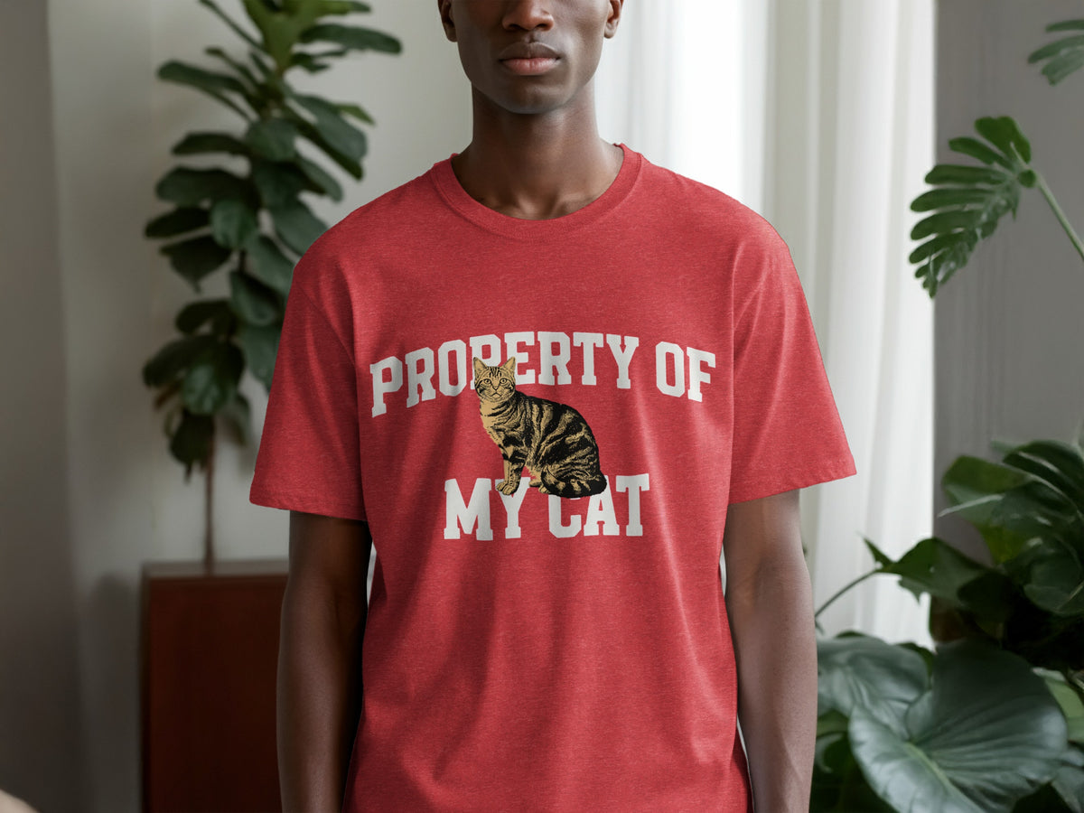 Red t-shirt with "Property of My Cat" text and a cat graphic.